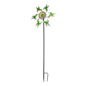 Metal Hummingbirds and Flower Garden Twirler Wind Spinner Stake 70 Inches High